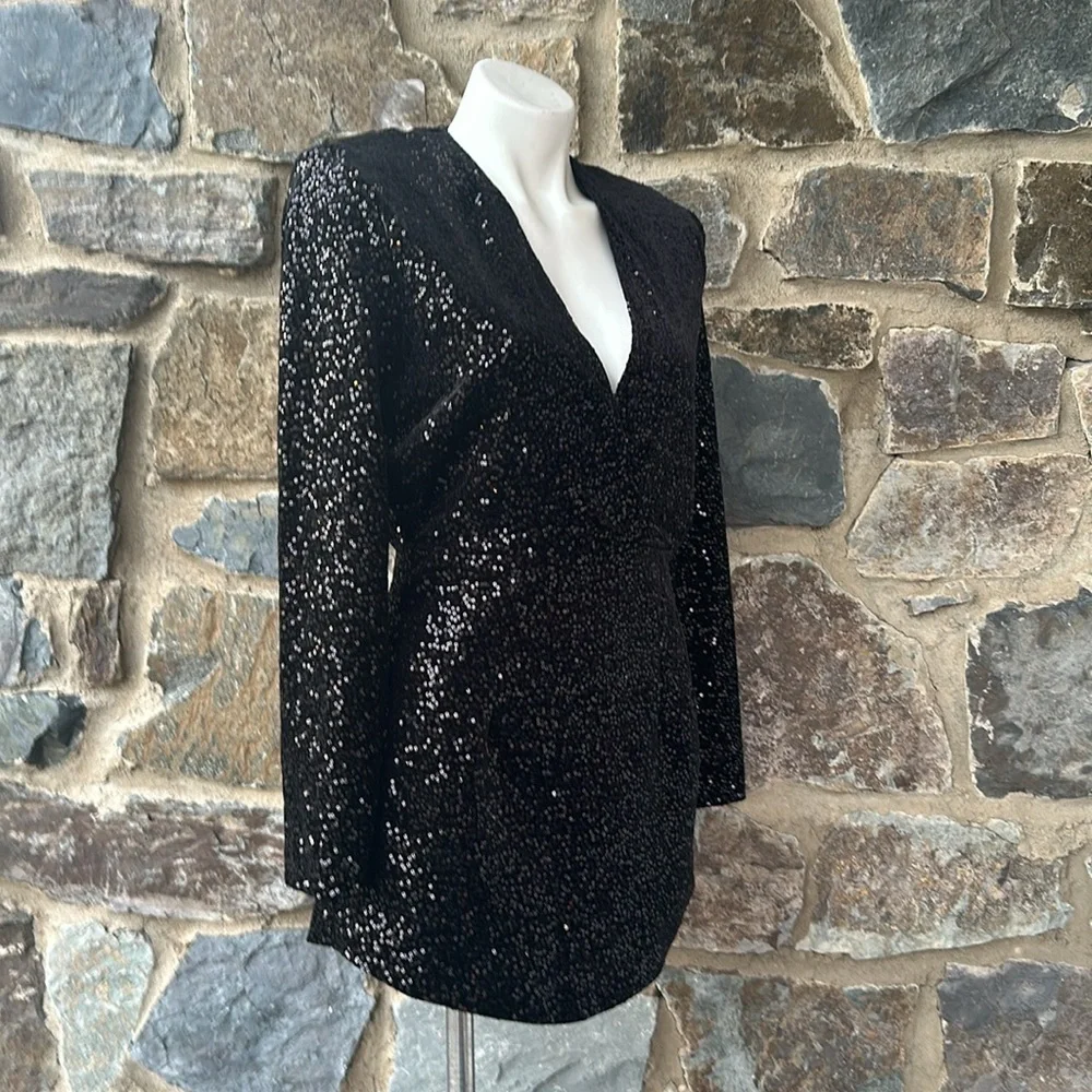 Zara Black Sequin V-Neck Mini Dress - Picture 2 of 8